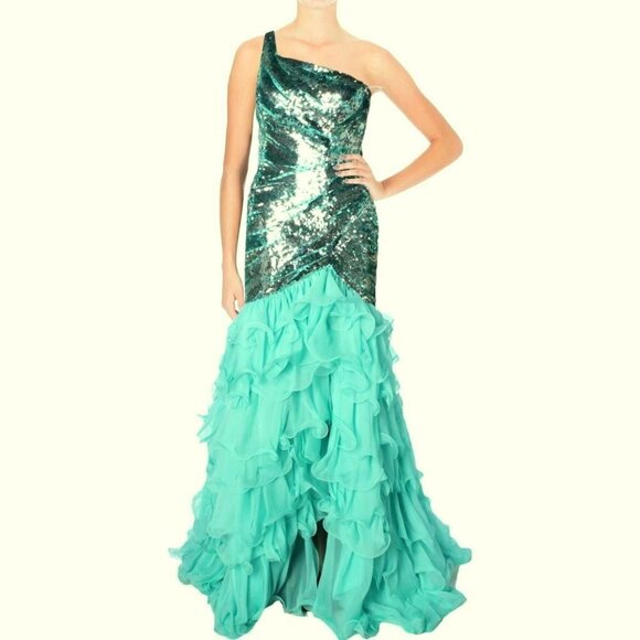 Mac Duggal Aqua Green Blue Sequin Tiered Ruffle Gown